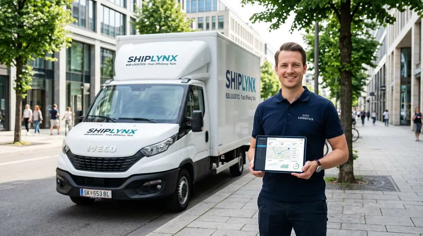 Professioneller Fuhrparkleiter und Speditionsinhaber mit digitaler Disposition vor modernem Umzugs-LKW im MoveEasy24 Partner-Netzwerk