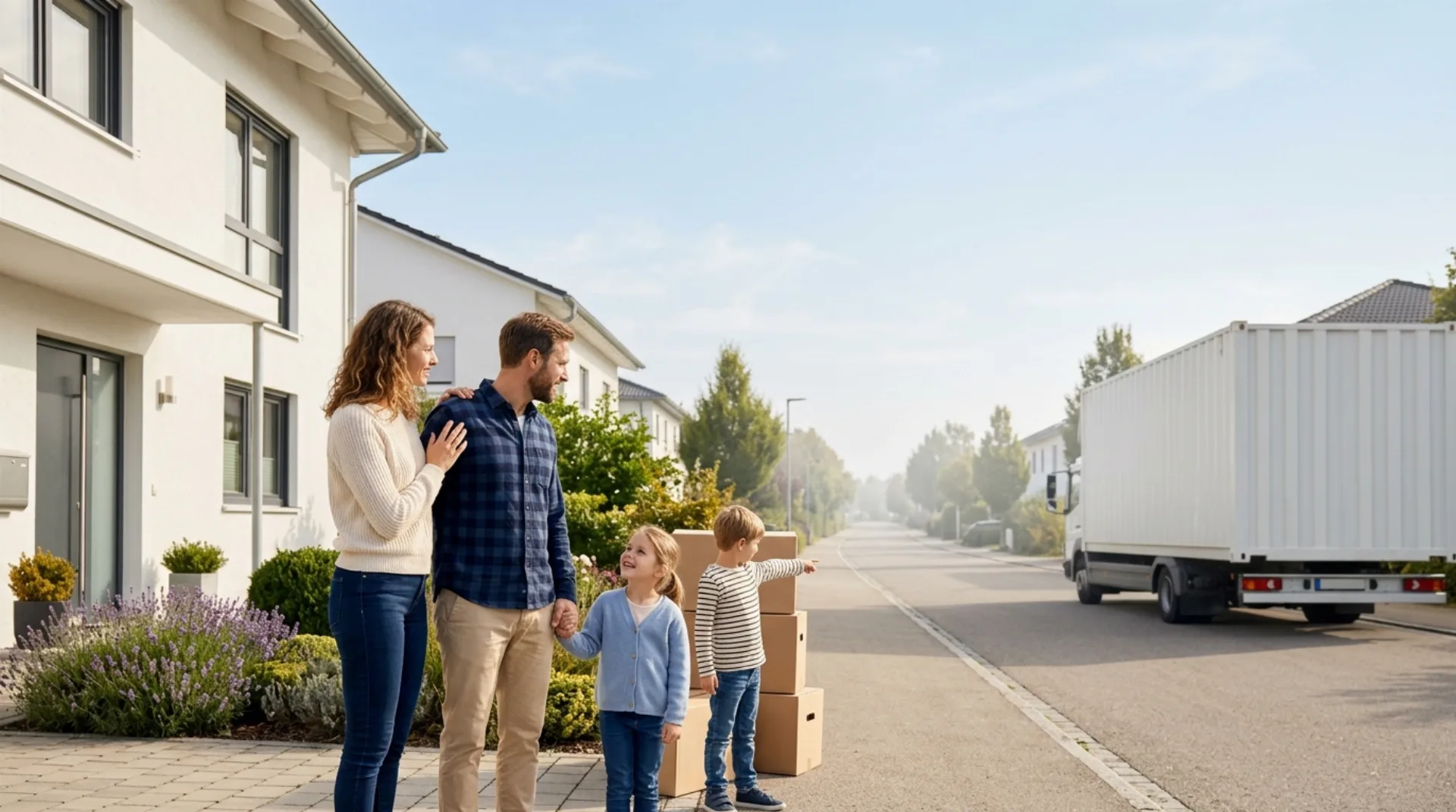 Familie wartet vor ihrem Haus auf den Umzugs-LKW
